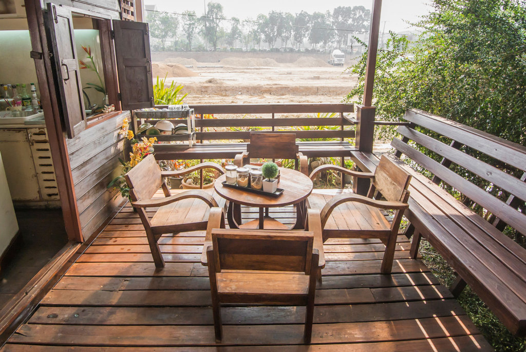 Wooden furniture on deck
