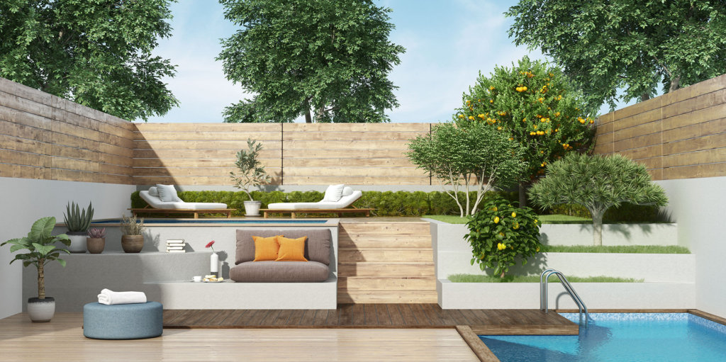 Raised garden deck with two small pools and lush vegetation