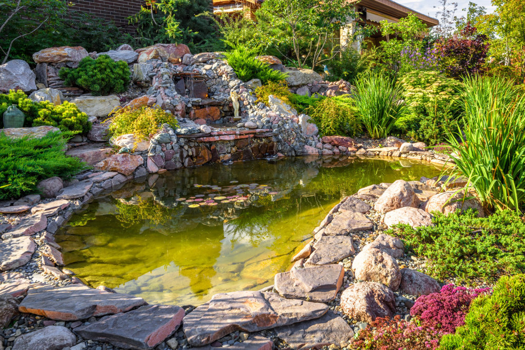 Desert landscape design of home garden close-up. Beautiful landscaping with small pond and waterfall. Landscaped place with rocks at country house. Stone landscaping in luxury backyard or yard in summer.