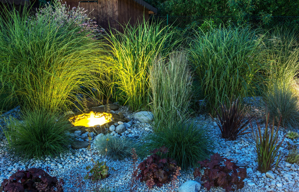 Backyard Garden illumination. Garden with Small Illuminated Pond